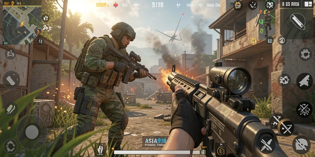 Screenshot gameplay ASIA918 menampilkan aksi tembak-menembak yang intens dan grafis menakjubkan.