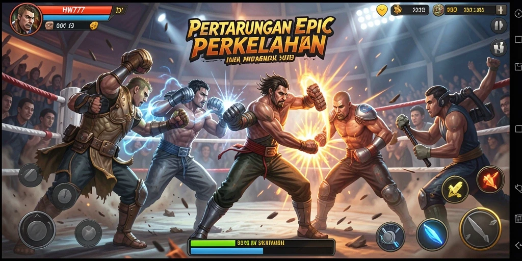 Screenshot gameplay HW777 menampilkan karakter bertarung di arena yang dinamis.