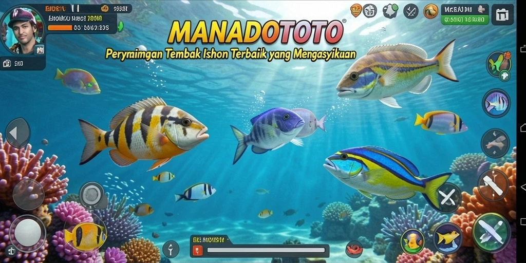 Tampilan gameplay seru dalam MANADOTOTO saat menembak ikan.