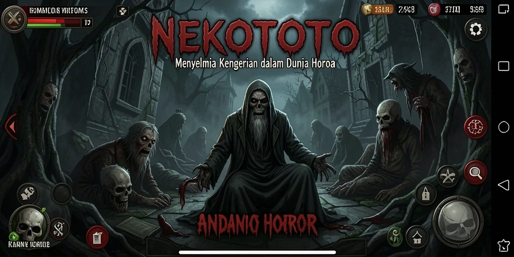Screenshot utama NEKOTOTO menampilkan suasana mencekam dan gameplay yang intens di dunia horor.