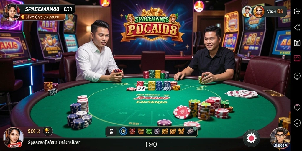 Screenshot gameplay SPACEMAN88 menampilkan dealer langsung dan suasana kasino yang hidup.